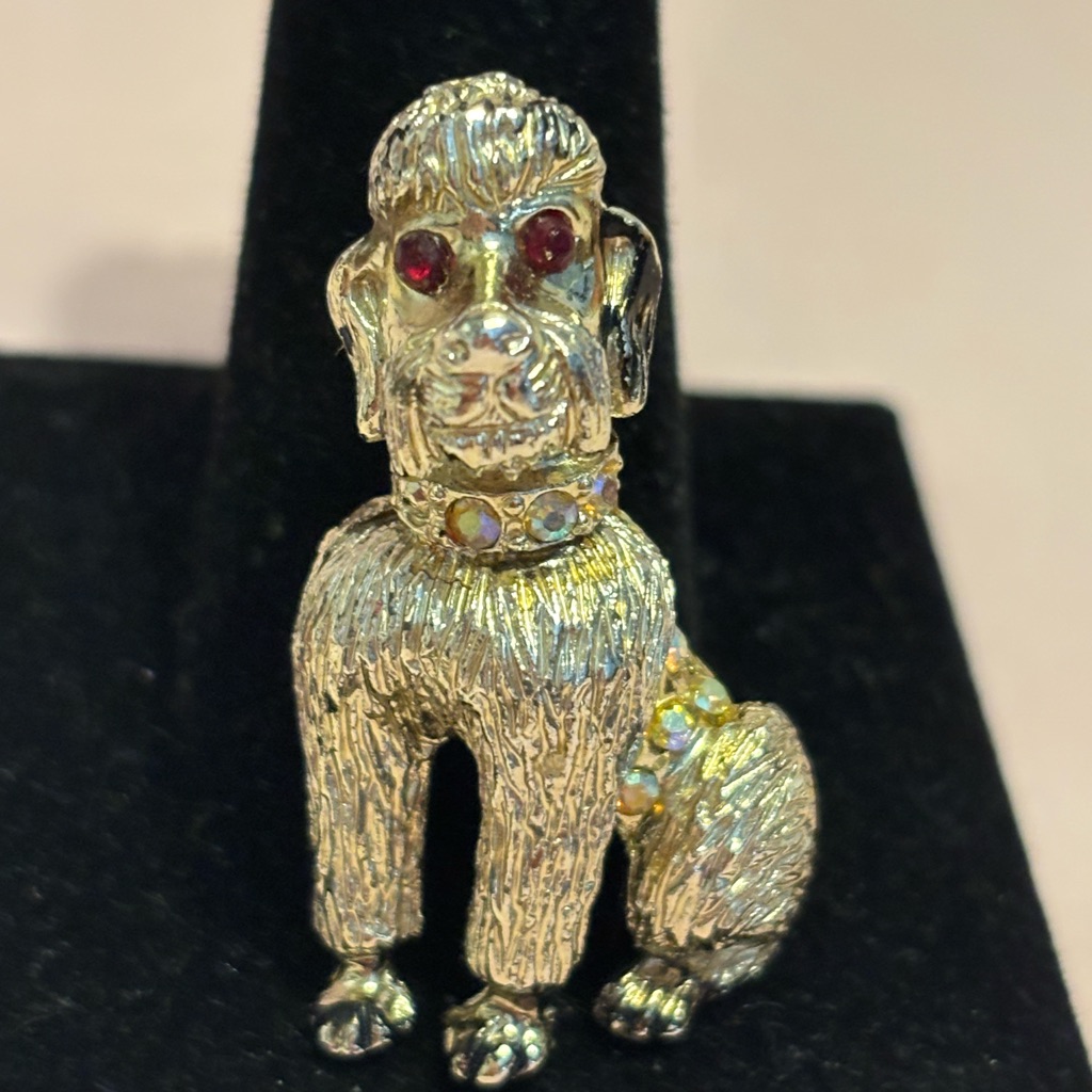 Vintage Gold Tone Ab Ruby Red Poodle BroochPin 15 20$